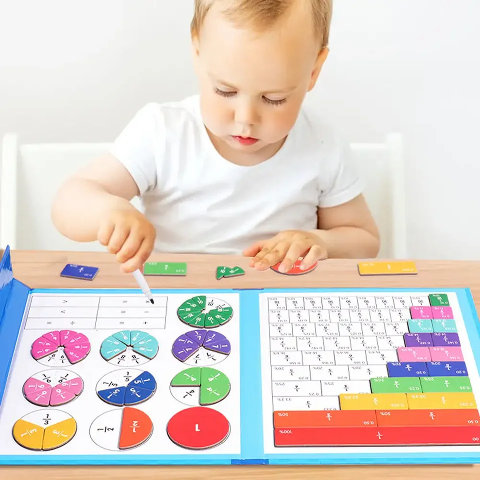 Montessori farebná drevená kniha Math Mastery Magnetic Frakcie hádanky pre deti aritmetické učenie výučby pomôcok