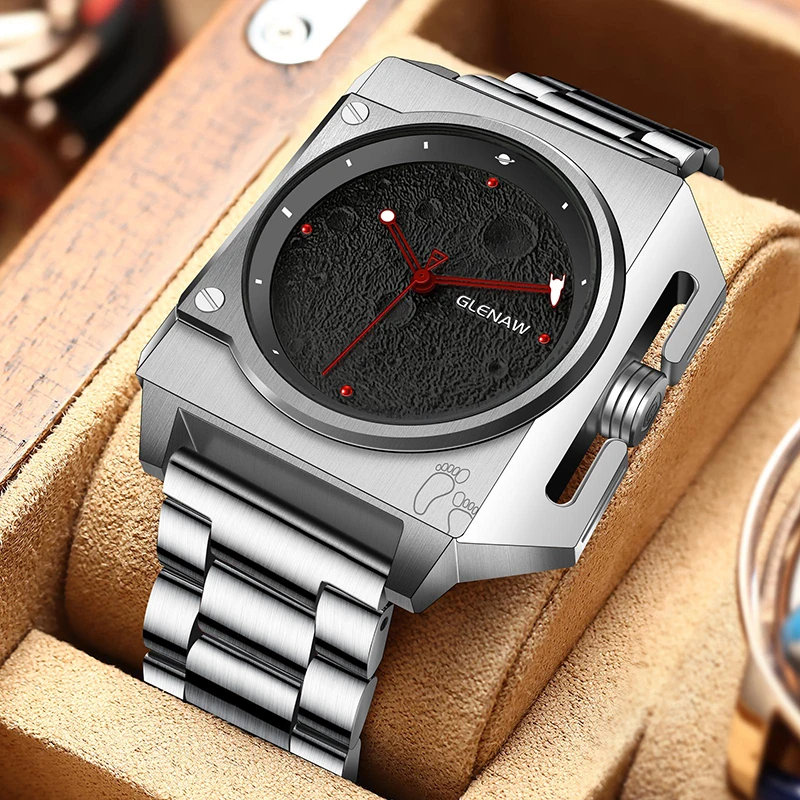 Montre Homme Glenaw Originálny dizajn značky Mechanické hodinky Moon Dial Luminát vesmírna loď Ukazovateľ z nehrdzavejúcej ocele pre mužov