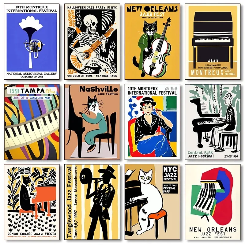 Montreux jazzový festival akordeón saxofón klavír a violoncello vitalita retro plagátu Canvas maľby nástenné umelecké obrázky domáci dekor
