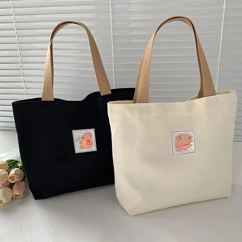 Moo Deng Fashion Canvas Dámska kabelka roztomilá cestovná piknik taška na obedné tašky