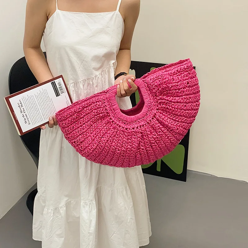 Moon Bag Beach dovolenka Grass Bag Vine Weaving kabelka dámska taška letná tkaná slama vrecko s veľkou kapacitou nakupujúcich ramien