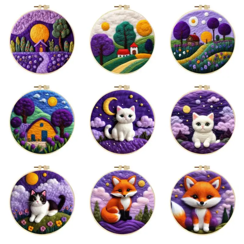 Moon Cat Felt Starter Kits Pre dospelých DIY vlna plstená maľba začiatočníci Kit vyšíva