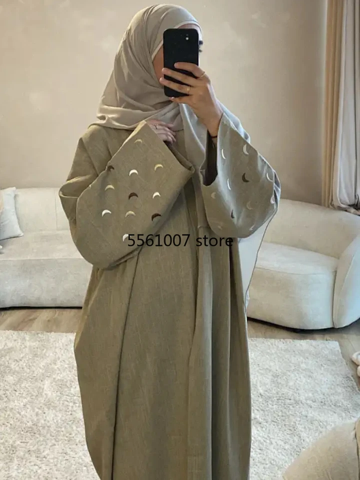 Moon vyšívacia bielizeň otvorená abaya pre ženy, moslimský kimono, Saudský Abayas, Dubaj Luxus, Turecko Kaftan, hidžábské šaty, islamské oblečenie