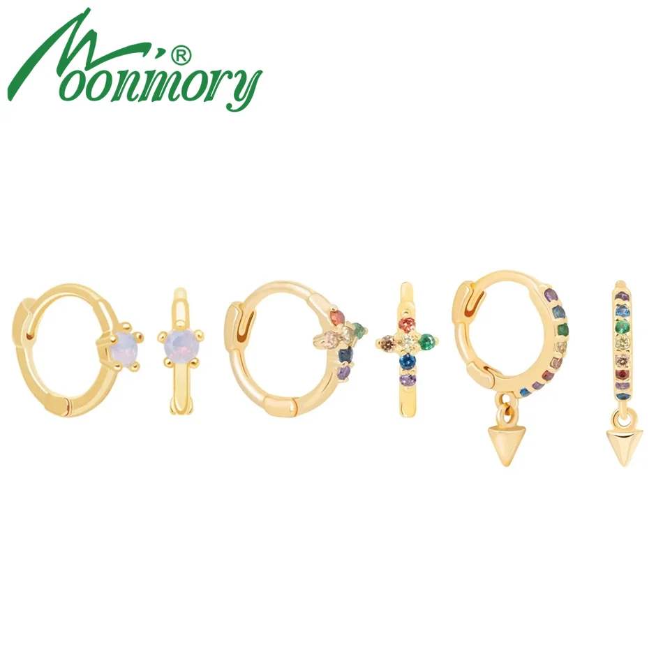 Moonmory Solid 925 Sterling Silver Mystic Simple Stone Huggies Hoop náušnice pre ženy malé dúhové hroty Huggies Circle náušnice