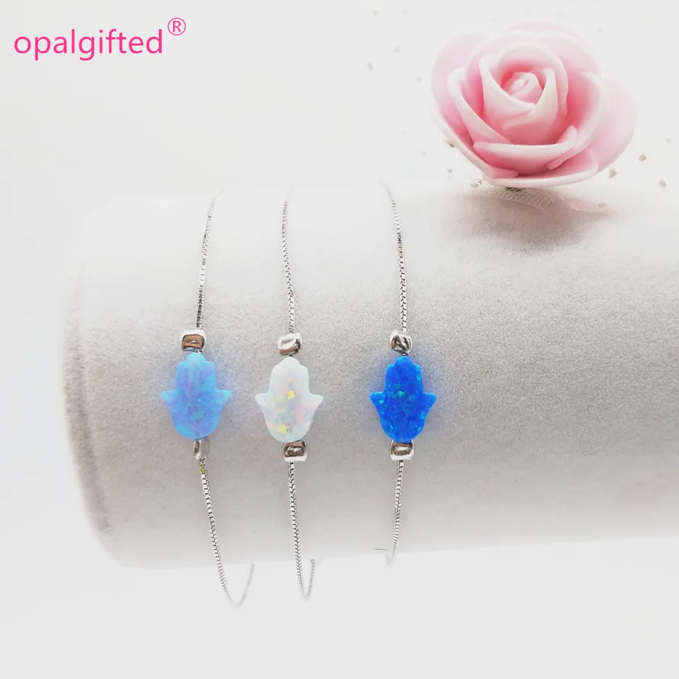 MOQ = 1PC Doprava zdarma 2023 Syntetický predaj horúcich 8x10 mm Opal Hamsa Jewelry Opal náramok s náramkom 925 Strieborná opálová ruka