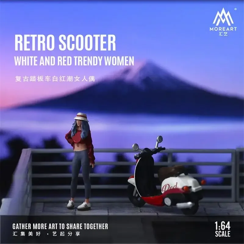 Moreart 1:64 Retro Scooter White and Red Trendy Women Figure Set