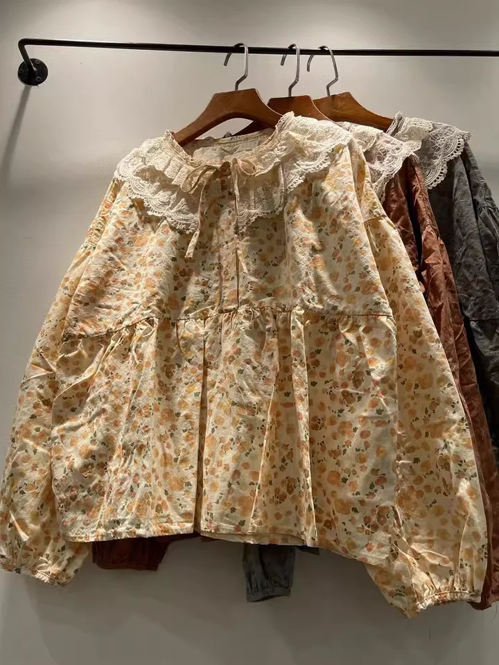 Mori Girl Autumn Spring Japan Style Lace Golier tlačené košele Blúzky s dlhým rukávom Topy Ženy sladké bavlnené košele A-line lolita