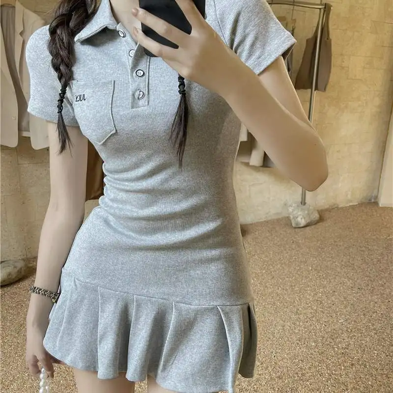 Mori Girl Style Polo-Neck Summer Nové krátke rukávy štíhle minimalistické príležitostné príležitostné solídne sfarbené farebné skladané šaty