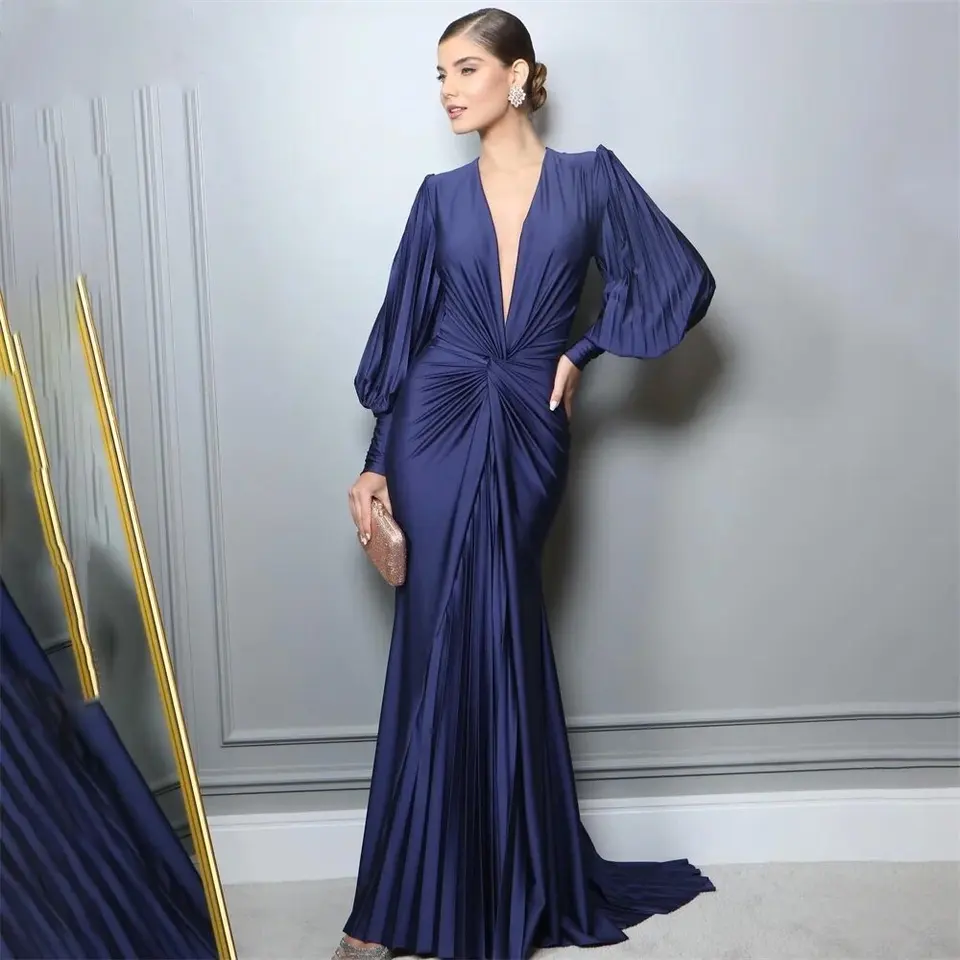 Morská panna sexy elegantná žena Večerné šaty šaty Royal Blue Ball Pleat Pleat v krku nočné šaty šaty šaty de soirée