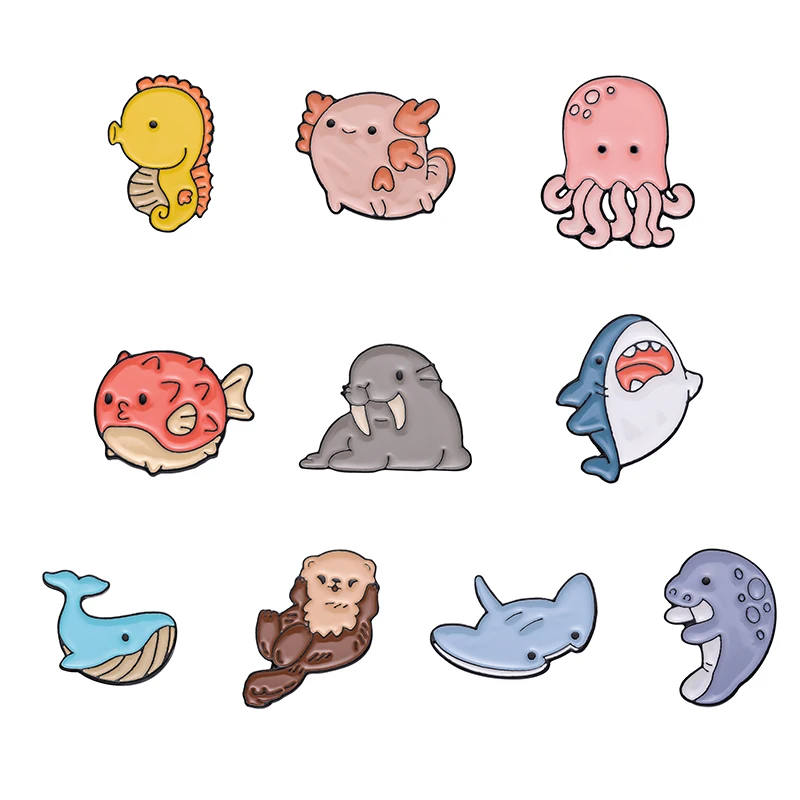 Morské zvieracie špendlíky žralok chobotnica morské koníky walrus veľryba Pufferfish morský lev brošňou klopne odznaky darček pre deti priateľ priateľ