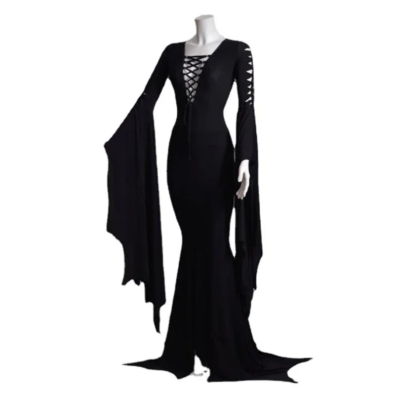 Morticia Dolams Cosplay podlahové šaty Dospelé ženy Punk gotická čarodejnica vinobranie sexy duté šnurovanie štíhle šaty Halloween M70