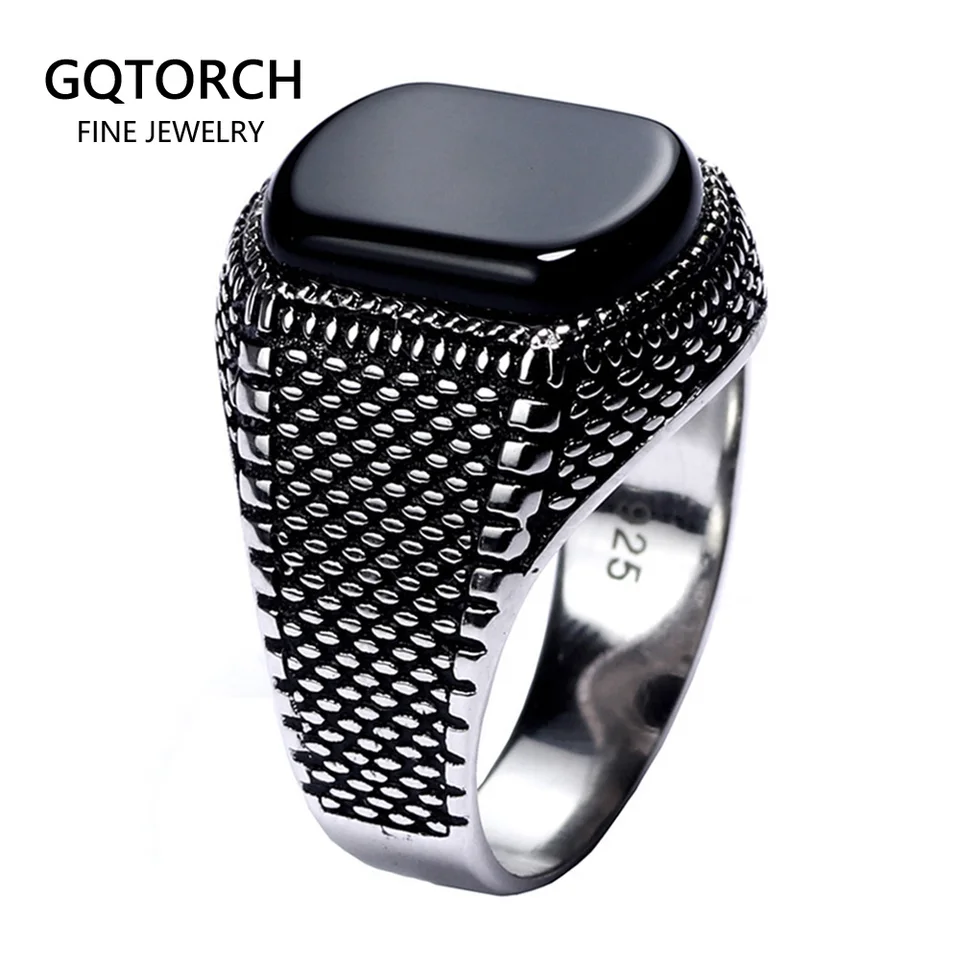 Morčacie šperky čierny prsteň Men Svetlá hmotnosť 6G Real 925 Sterling Silver Mens Rings Prírodné achátové kamenné vintage cool móda