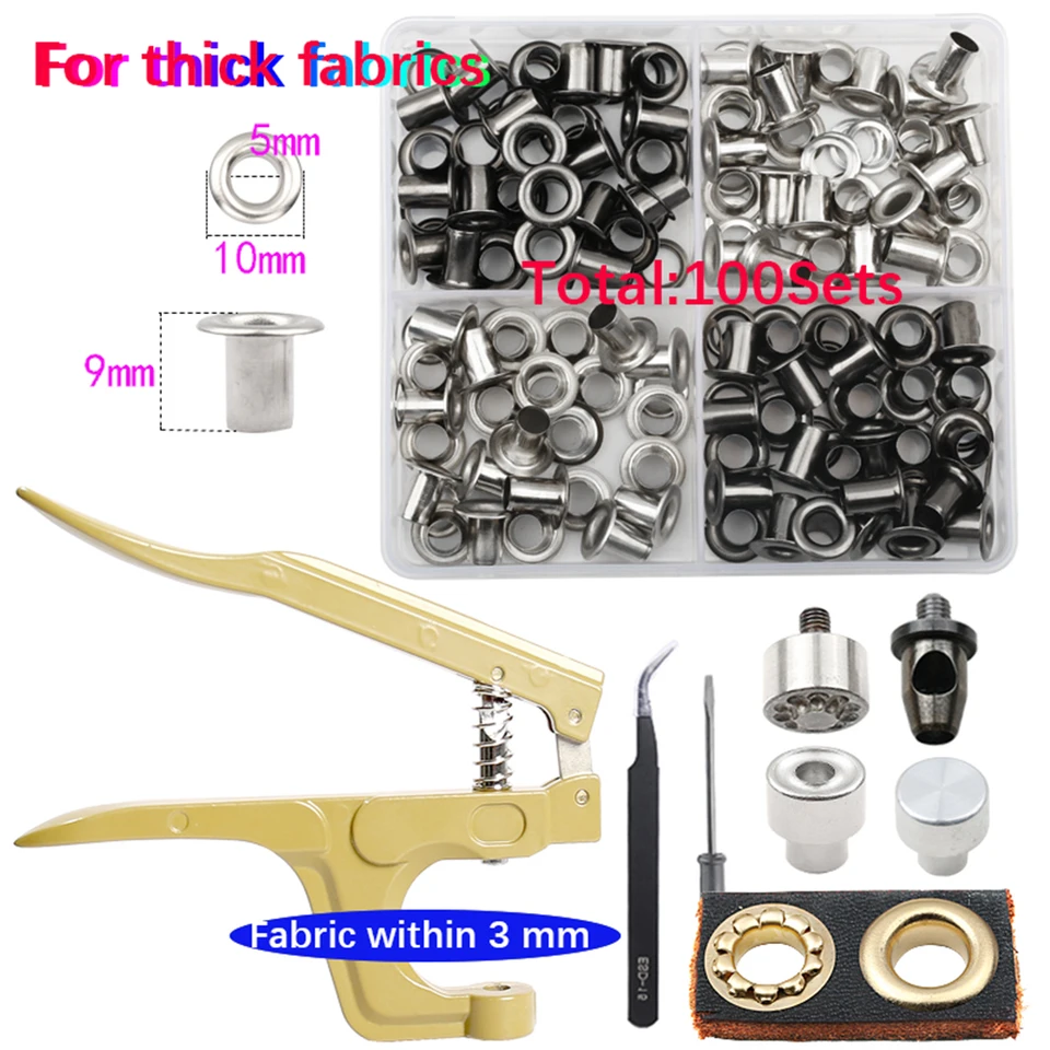 Mosadzné očné viečka 5 mm/8 mm pre hrubú látku s multifunkčnými kliešte