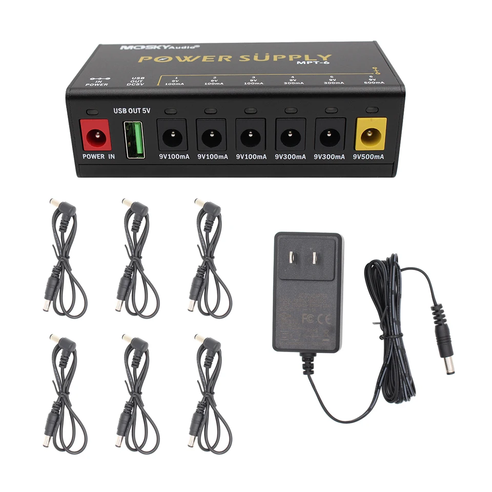 Mosky MPT-6 Power Sumping 6 DC Výstupy/ 5V USB Výstup pre pedál gitarového efektu 9V 100-500 mAh