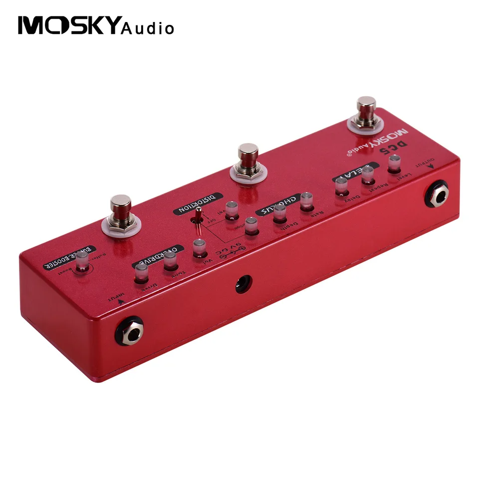 MOSKYAUDIO DC5 6-v-1 gitarové viacúčelové oneskorenie pedálov + Chorus + skreslenie Overdrive Booster Buffer Full s pravým obtokom