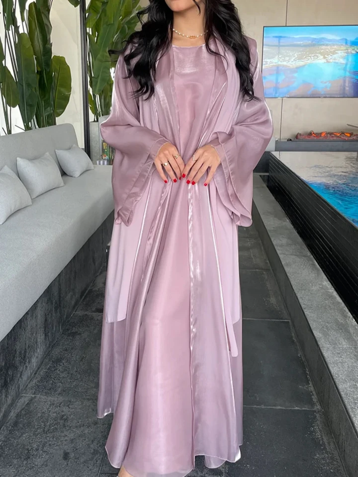 Moslim 2 -dielna sada šaty kardigan rúcho jalabiya vestidos Saudská arabská otvorená Abayas Dubaj Maroko Eid ramadan Ženy skromné ​​šaty