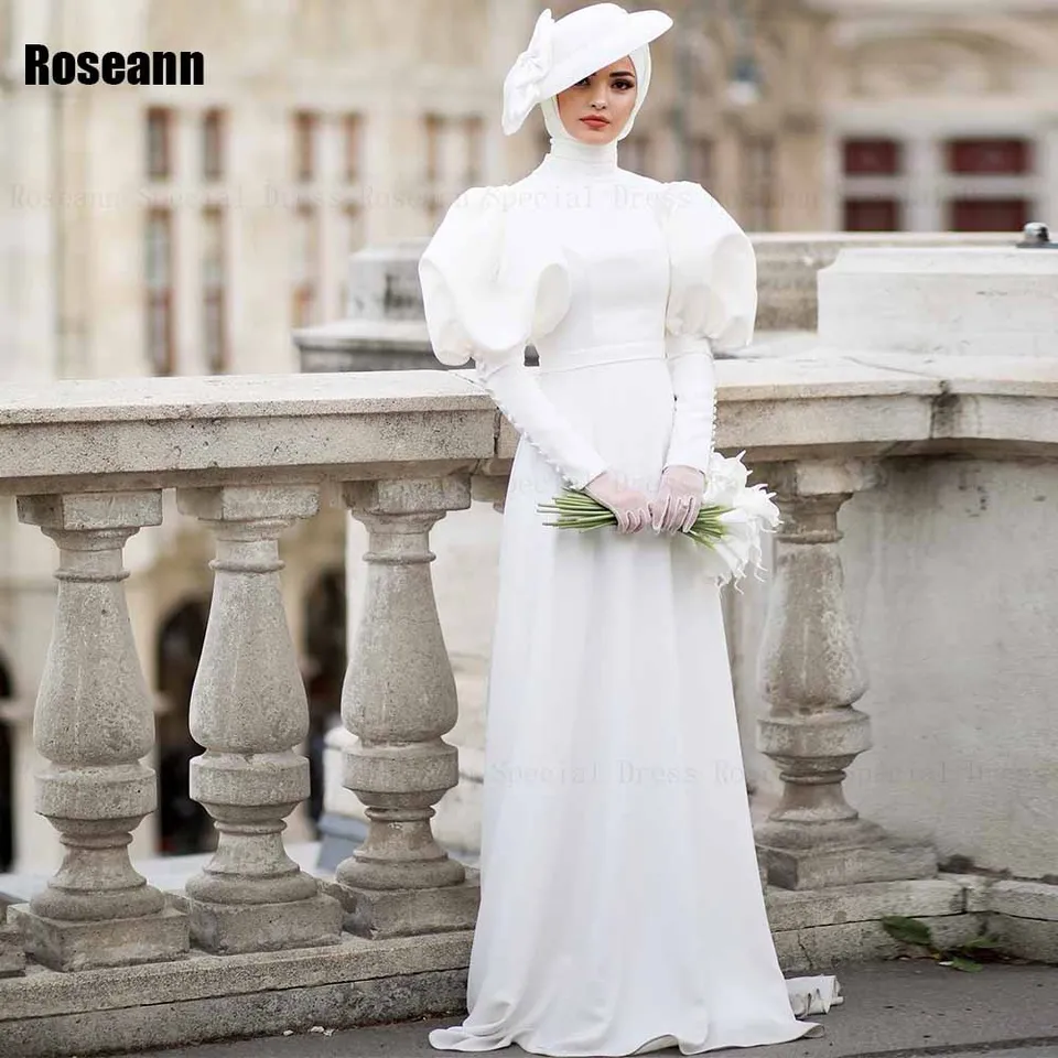 Moslim 2024 Nový dizajn High Collar A-Line Svadobné šaty gombík na obrus Pluch Pleat Pleat Dĺžka nevesty šaty rúcho de mariée