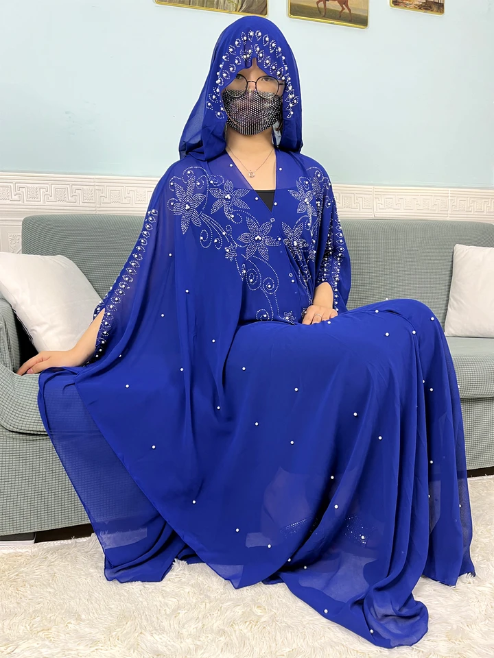 Moslim Open Abayas pre ženy 2024 šifónové korálkové súpravy Diamonds Dubaj Islam modlitebný odev súpravy africké šaty Boubou s kapucňou s kapucňou