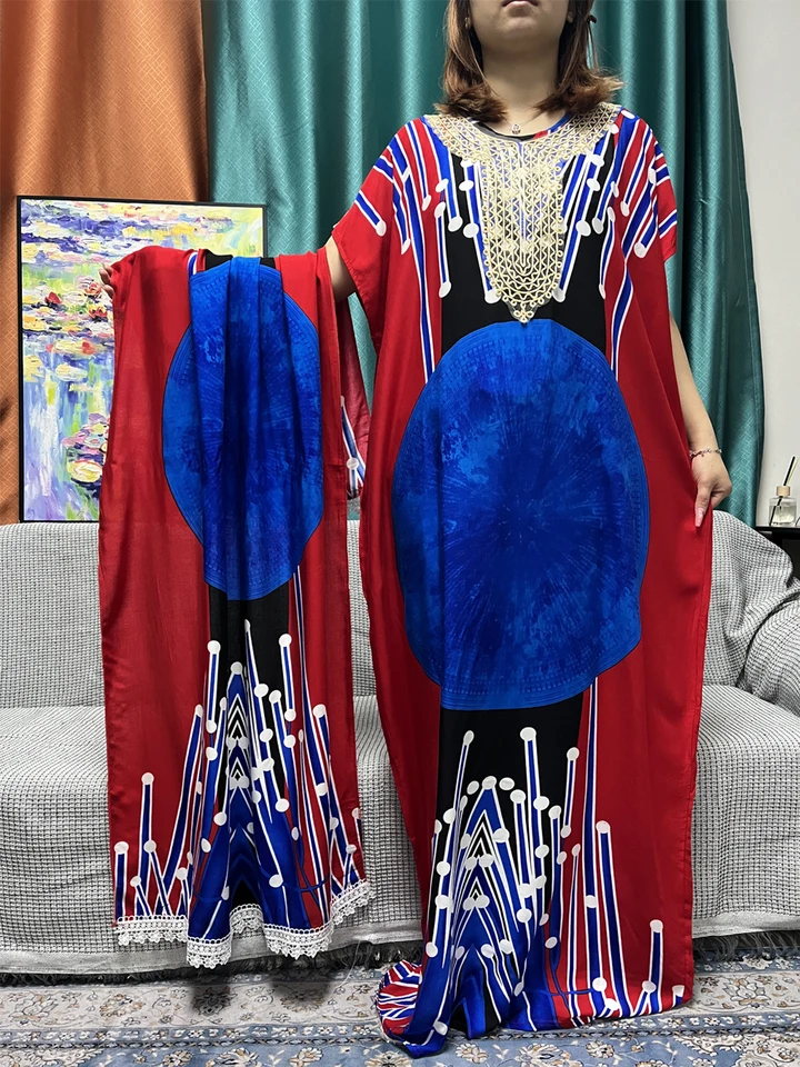Moslimské abayas pre ženy tlačené aplikácie bavlnené krátke rukávy uvoľnené femme rúcho marocký kaftan s šálkou šatky 160 x 80 cm