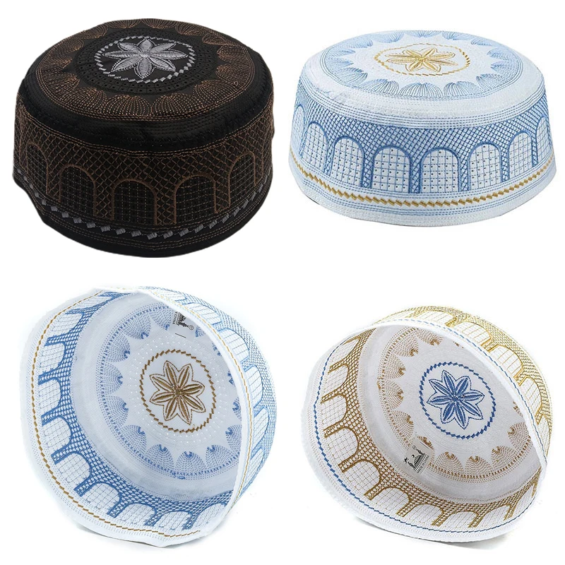 Moslimské klobúky Polyester vyšíva arabské muži modlitby klobúk Turban mosliman hidžáb kapota Saudská arabská islamská modlitebné čiapky