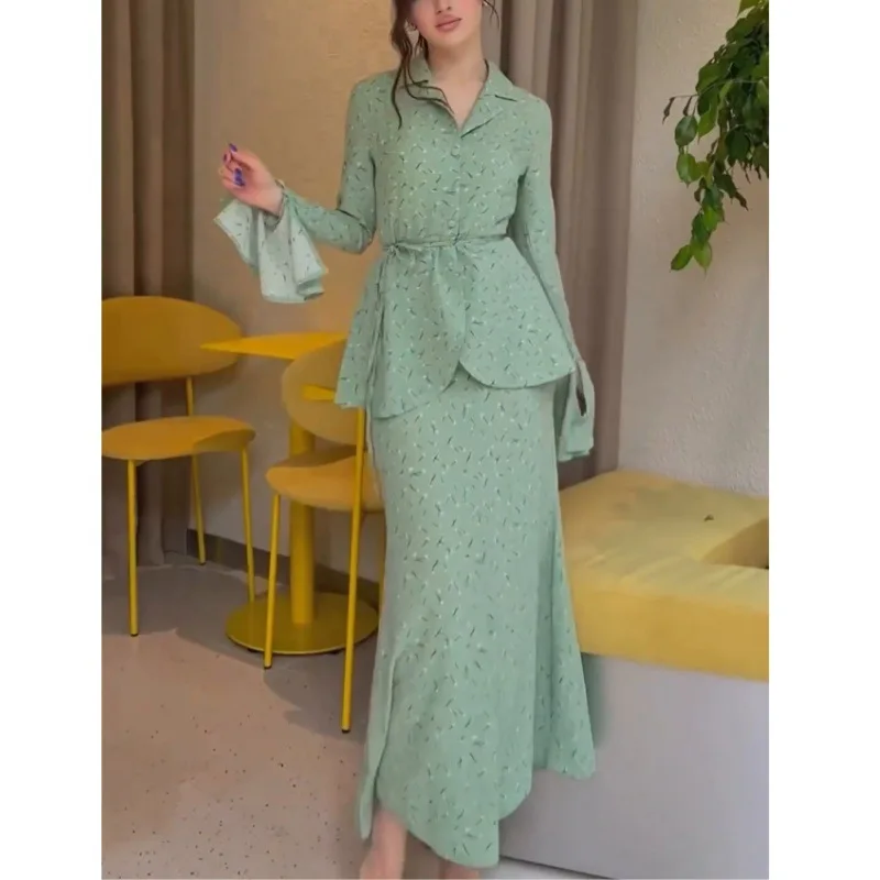 Moslimské ramadány Ženy Dva kúsky Sada šaty Lace Up Tops Suk sukňu Dubai Abaya Arab Kaftan Islamský morčacie ležérne tlačové obleky