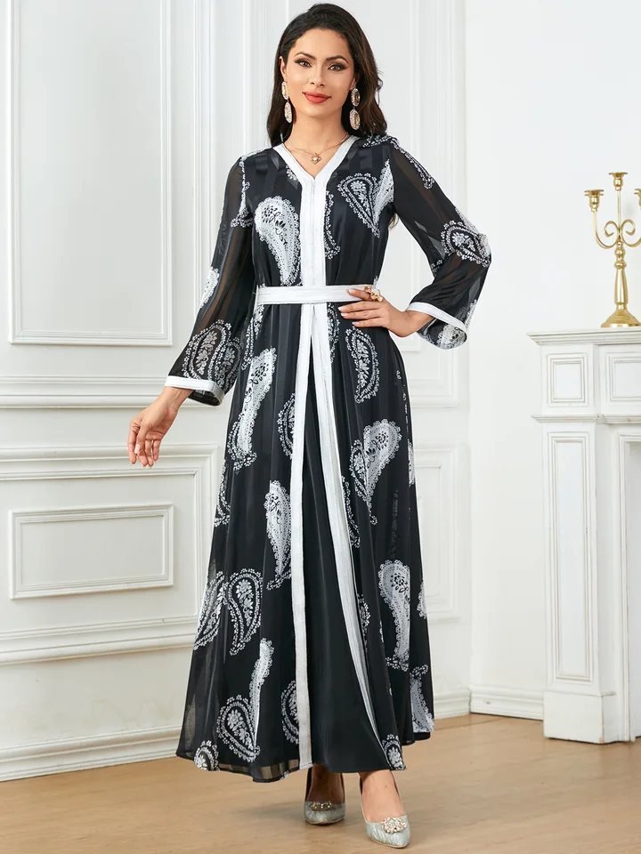Moslimské ženy tlač 2 kusy Sada Vnútorné šaty Abaya Dubai Turecko Kaftan Eid Djellaba Islamský marokain caftan Musulmane Arab Robe