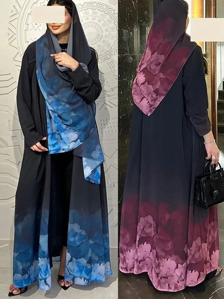 Moslimské ženy tlač Abaya so šatkou 2 -kusovou setou Eid Abayas Cardigan Casual Long Rout Kaftan Party Ramadan Modest Caftan 2024