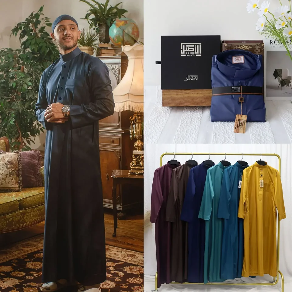 Moslimskí muži dlhé rúcho Kimono Dishdasha Modest Islamský dubaj Saudský modlitba