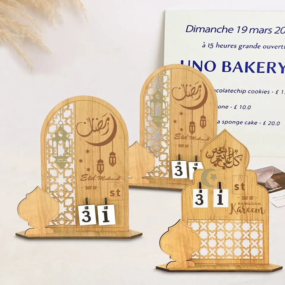 Moslimský drevený odpočítavací kalendár Eid Mubarak DIY Ramadan Calendar Star Star Castle Desktop Ornament Moon Festival