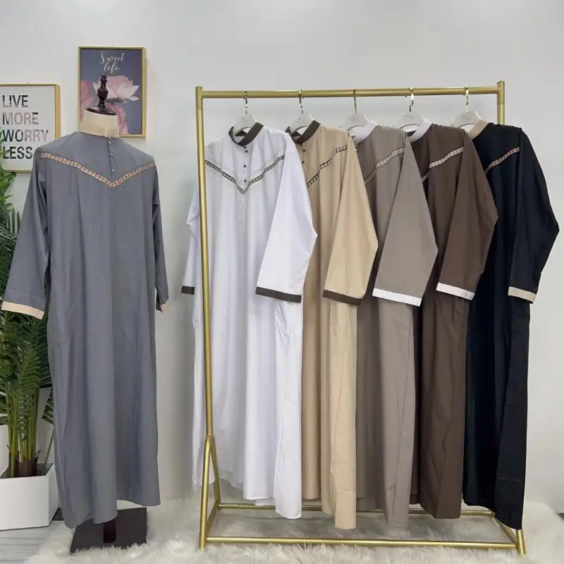 Moslimský jabah muž Jubba thobe s dlhým rukávom Rúb islamský eid ramadan kaftan dubaj voľný daffah stredný východný rúž abaya odev