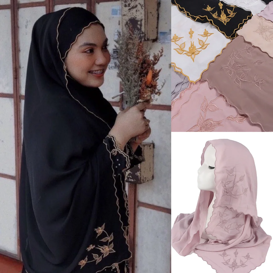 Moslimský módny hidžáb kvetinový šál sulam kain ženy vyšívané šifónové šatky Vysoko kvalitné 180*70 cm Islamské oblečenie pripravené