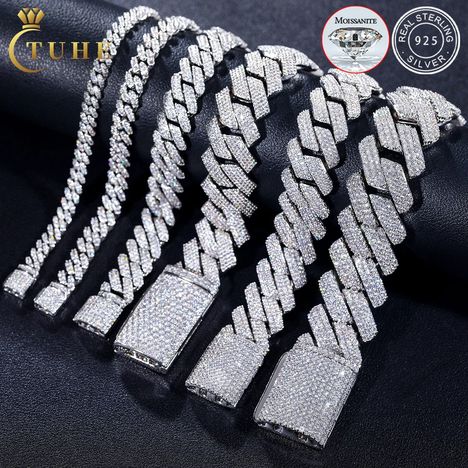 Mossanite Hop Jewelry 6mm-25 mm priechod diamantového testera 925 Sterling Silver VVS Moissanit Iced Out Cuban Link náramok pre pánske osoby