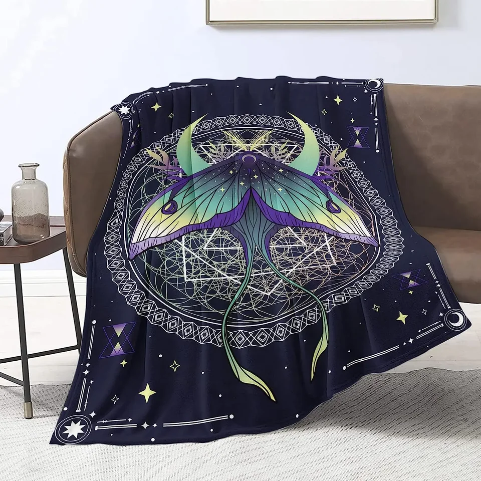 MOTH plyšová prikrývka čarodejnícka fáza a hviezdy Purpurová motýľ flanel hodí prikrývky pre dospelých pre deti Fantasy zverokruh