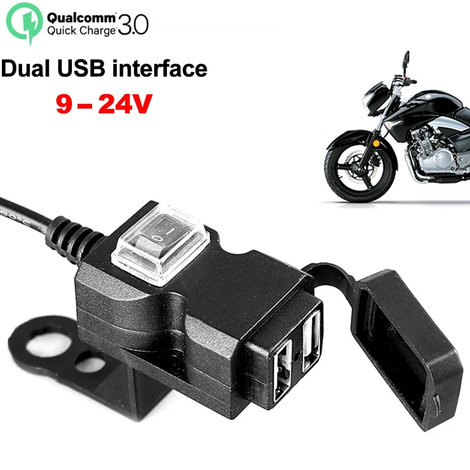 Motocykel Dual USB nabíjačka s vypínačom zapnutia vodotesná nabíjačka na riadidlách na riadidlách rýchleho nabíjania