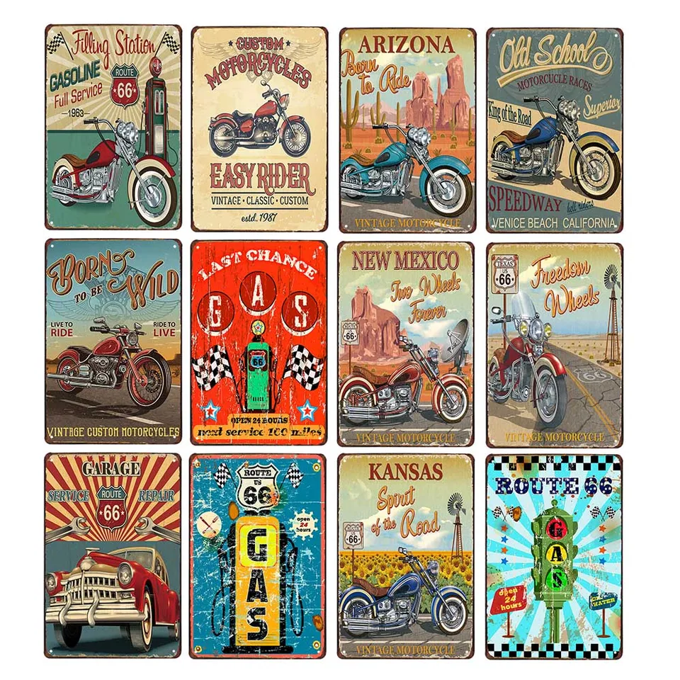 Motocykel kovová stena Art plagát železná maľba Znaky plyn Route66 Vintage dekorácia Garážové plakety Domáce dekorácie 20x30cm