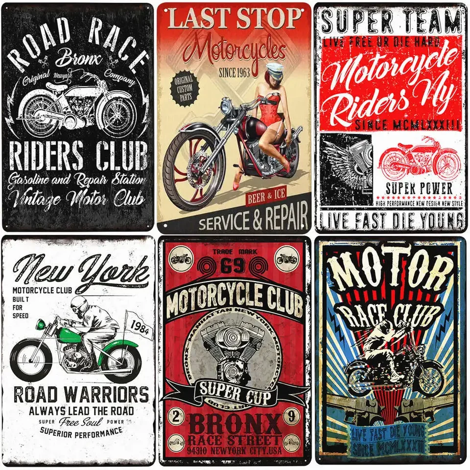 Motocykel retro kovová značka, Motor Club Tin Pleque, dekorácia garáže, plagát na nástenné umenie Rider Club, Man Cave Plate, N398