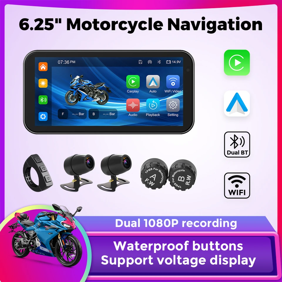 Motocykel Wireless CarPlay Android Auto Display 6.25inch Nepremokavý duálny BT TPMS WiFi Navigation Moto GPS Recorder