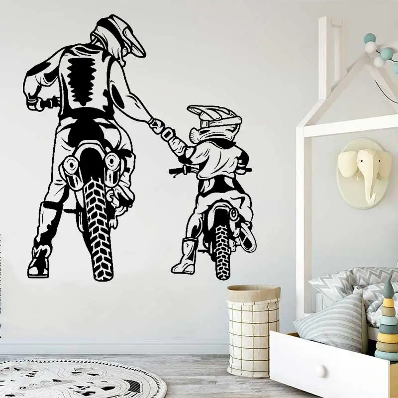 Motocyklová nálepka na stenu Rodina Otec a syn motokrosové nástenné nálepky Motocykel Motocykel Vinyl Home Decor Sports Decoration SY596