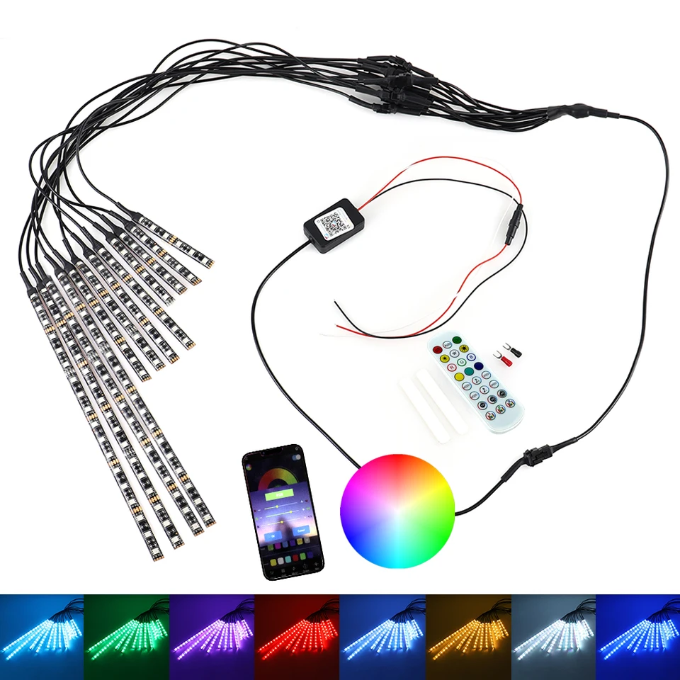 Motocyklové LED svetelné prúžky bezdrôtové RF Diaľkové ovládacie ovládanie vodotesná RGB viacfarebná atmosféra svetla pre Automobile Automobile Automobil