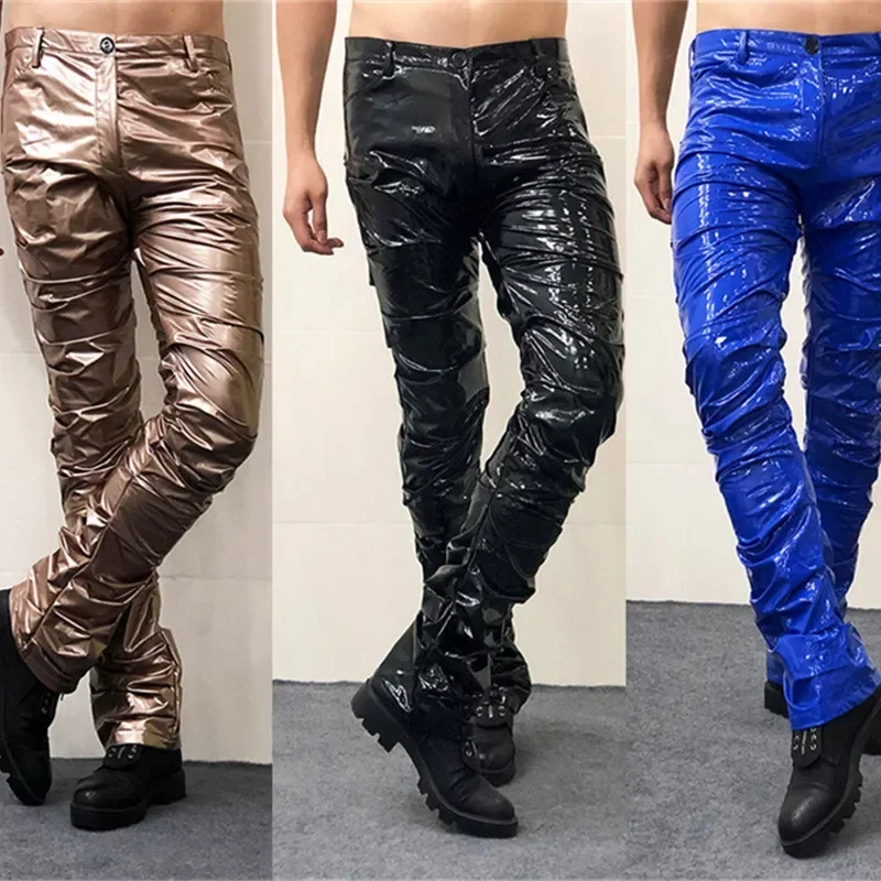 Motocyklové reflexné kožené nohavice PU Bar Stage Rock Singer Hip Hop Hop Kostým Men Skinny Stretch Stretch Pleat Trumpet Pants