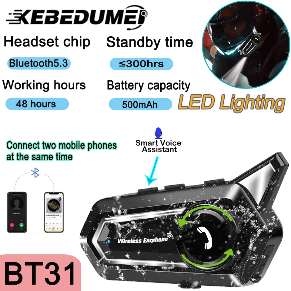Motocyklové slúchadlá prilby Helma Bluetooth 5.3 Slúchadlá bezdrôtového motora Handsfree Free stereofónne slúchadlá s osvetlením LED