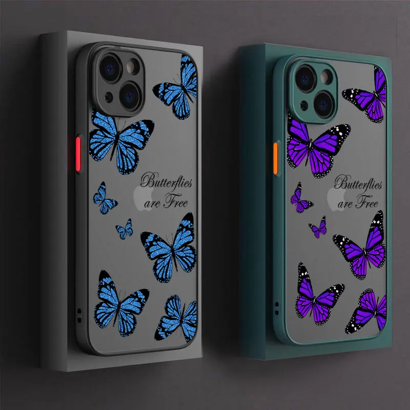 Motýfly modrá fialová motýľová puzdro pre iPhone 14 15 16 Pro Covers pre Apple 11 13 Pro Max 12 Mini 8 16 Plus priesvitný