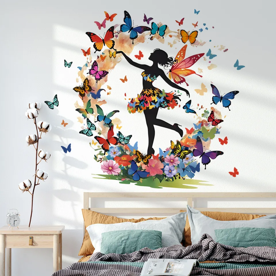 Motýľ Elf Girl Wall Stumpery for Kids Izme Spálňa obývacia izba v materskej izbe Domáca dekorácia PVC nepremokavé nástenné nálepky plagáty