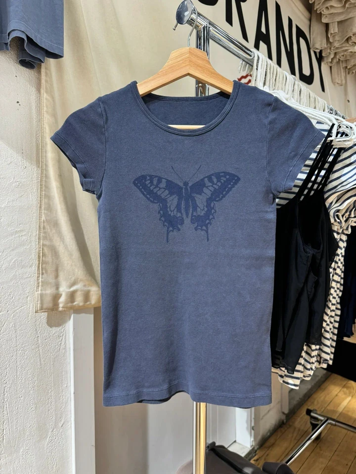 Motýľový tlač štíhle tričko Žena Spring okrúhly krk s krátkym rukávom Bavlnené tričká American Vintage Navy tričká sladké y2k vrcholy y2k