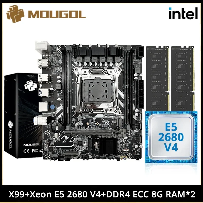 Mougol X99 Herná základná doska s Intel Xeon E5 2680 V4 a DDR4 8GX2 2133 MHz Dual Channel RAM M.2 NVME pre stolný počítač