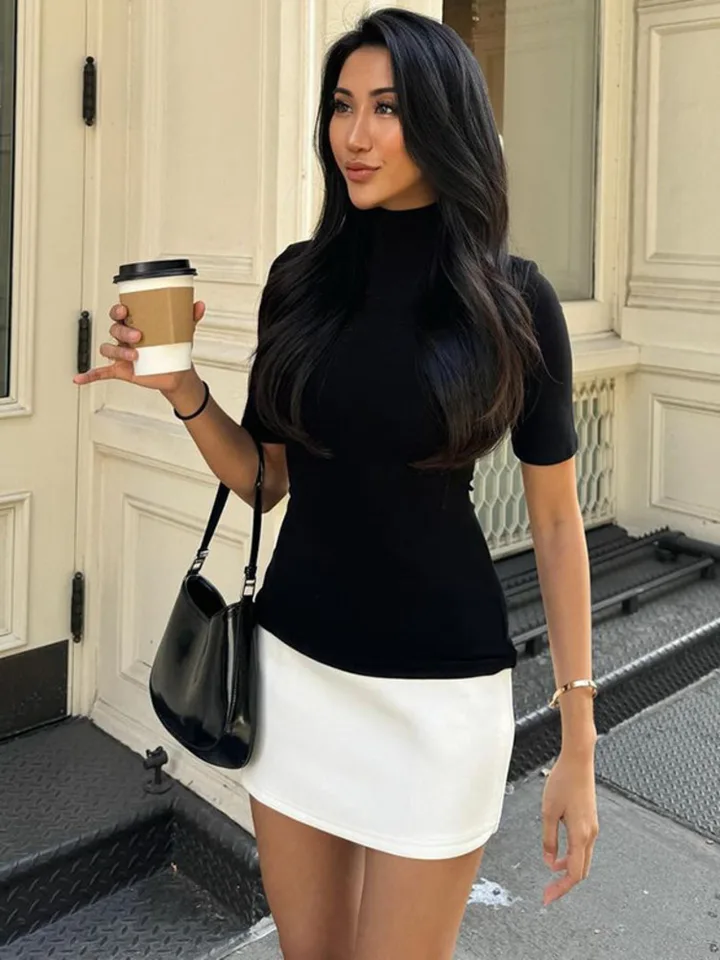 Mozisia Sexy Half High Gollar Half Ruckve Patchwork Mini šaty Ženy štíhle elegantné šaty s vysokým pásom Streetwear Ženské oblečenie