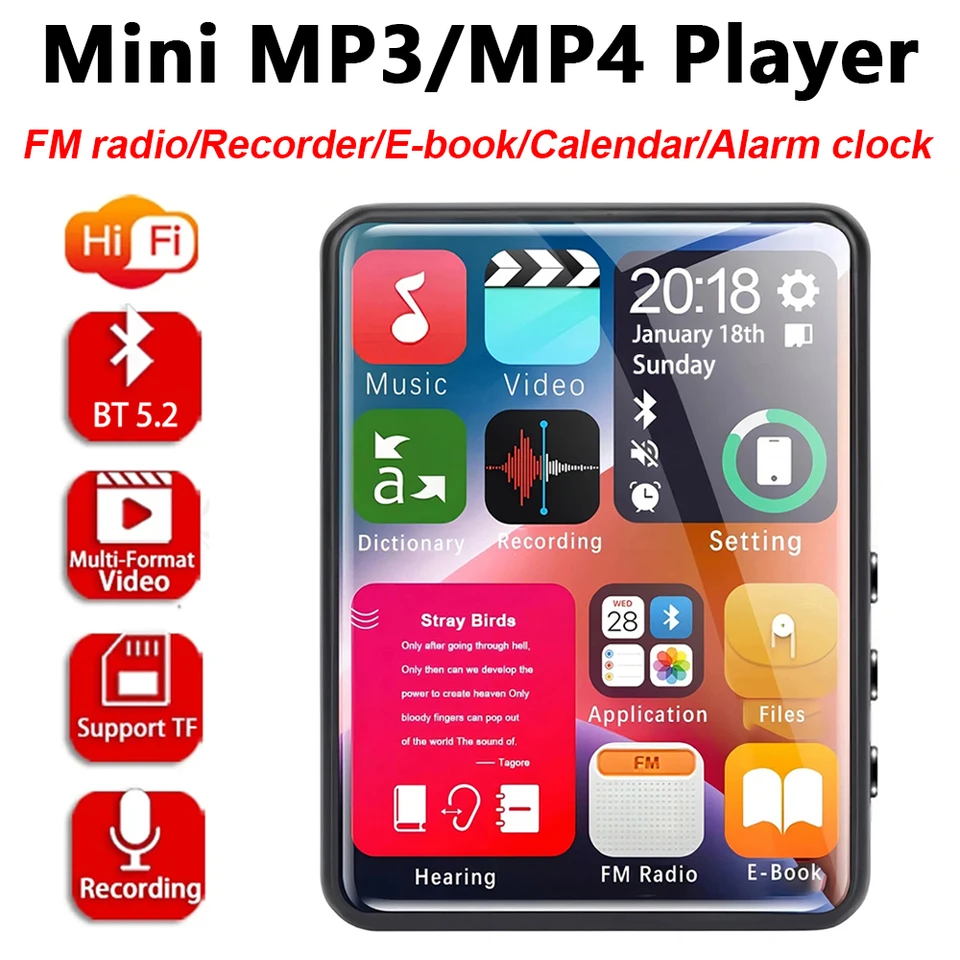 MP3 prehrávač Bluetooth 5.2 Hudobný prehrávač Vstavaný reproduktor 2,4 palca dotyková obrazovka MP4 Player Hifi Walkman s FM/E-kniha/nahrávka