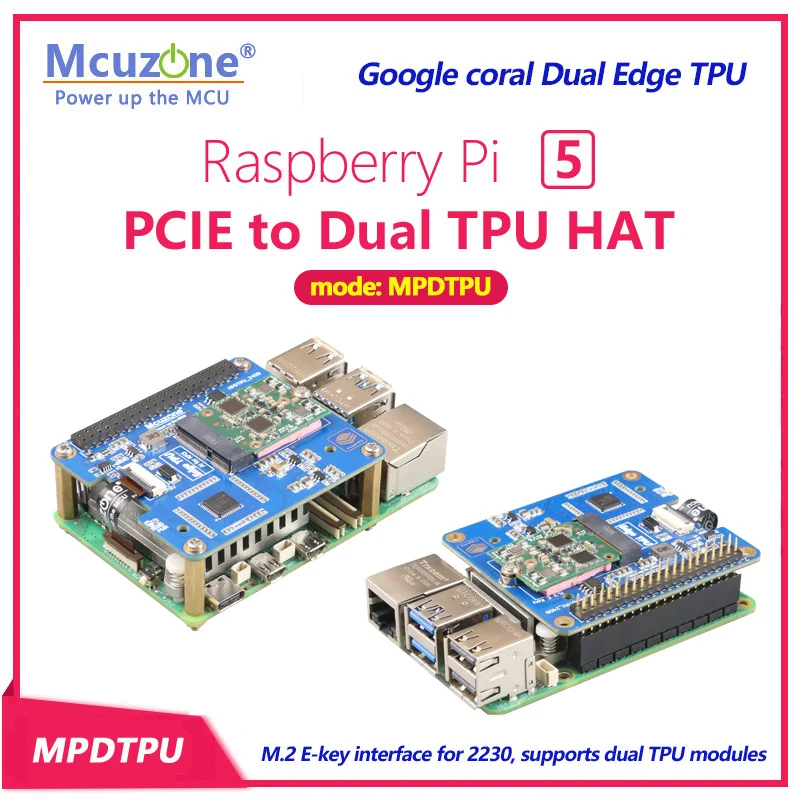 MPDTPU, Raspberry Pi 5 PCIe to Dual TPU Hat, Google Coral Dual Edge TPU, M.2 E-Key