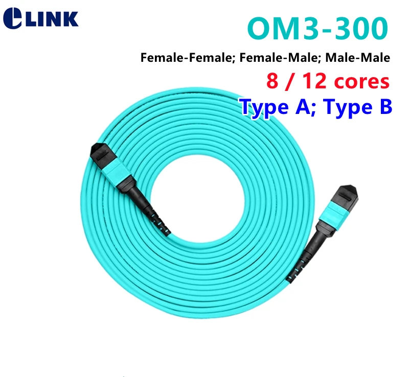 MPO-MPO PatchCord OM3-300 8 12 jadrá typu A Typ B Round Samecka samca 3m 15m 15m optické olovo Aqua kábel OM3 MTP 12 Strand Jumper