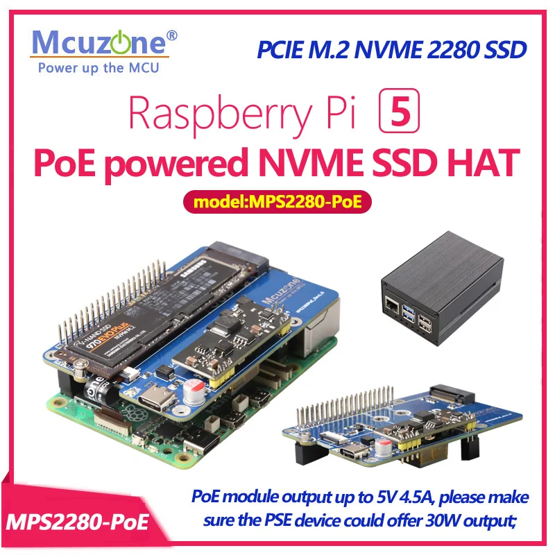 MPS2280-PoE, Raspberry PI5 Poe napájaný NVME SSD HAT, PCIE M.2 NVME 2280 SSD, podpora 2242 2230, Poe Powerde 5V4.5A